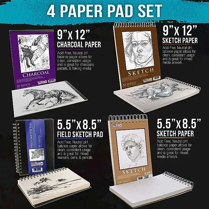 U.S. Art Supply Set of 4 Different Stylesof Sketching and Drawing Paper Pads (242 Sheets Total) - 2 Each 5.5&quot; x 8.5&quot; and 9&quot; x 12&quot; Premium Spiral