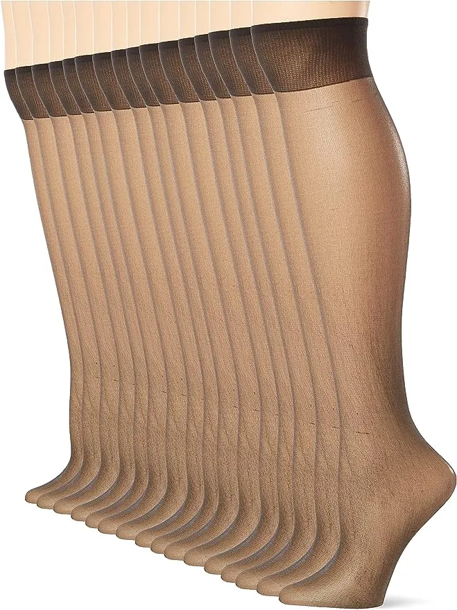 L'eggs Everyday Women's Nylon Plus Knee High Sheer Toe knee length socks, 16 Pack, Jet Black Hose