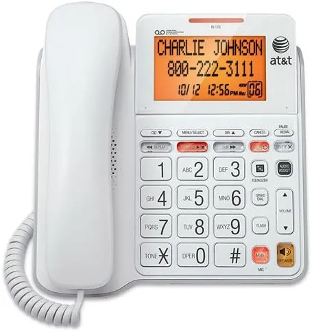 AT&T CL4940 Corded Standard Phone with Answering System and Backlit Display, White