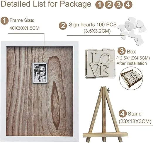 Y&K Homish Wedding Guest Book Wooden Picture Frame, Drop Top Frame with 100PCS Wooden Hearts, Rustic Wedding Decorations and Gift (White wooden frame + Unlimited love)