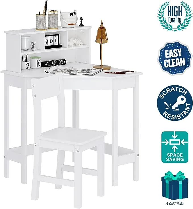 Utex Kids Desk,Wooden Study Desk with Chair for Children,Writing Desk with Storage and Hutch for Home School Use,White