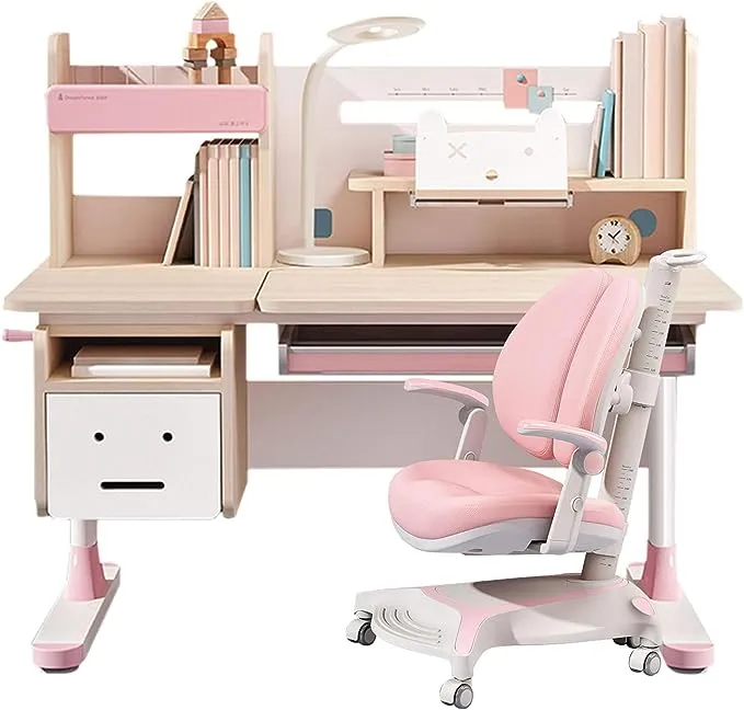 FCD Wood Adjustable Height Kids Study Desk with Chair, Reading Homework Drawing Table Computer Station Built-in Bookshelf Hutch, Tablet Holder, Tiltable Desktop and Storage Drawer (Pink, Wood of Fir)