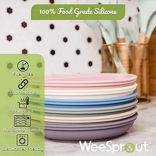 WeeSprout 100% Silicone Suction Dishware Plate for Babies and Toddlers Divided Design Microwave and Dishwasher Safe 3 Pack (Matte Tan, Off White & Pink, Small)