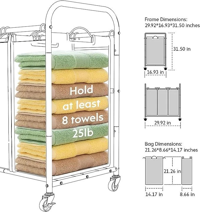 ROMOON Laundry Sorter, 3 Bag Laundry Hamper Sorter with Rolling Heavy Duty Casters, Laundry Organizer Cart for Clothes Storage, Gray