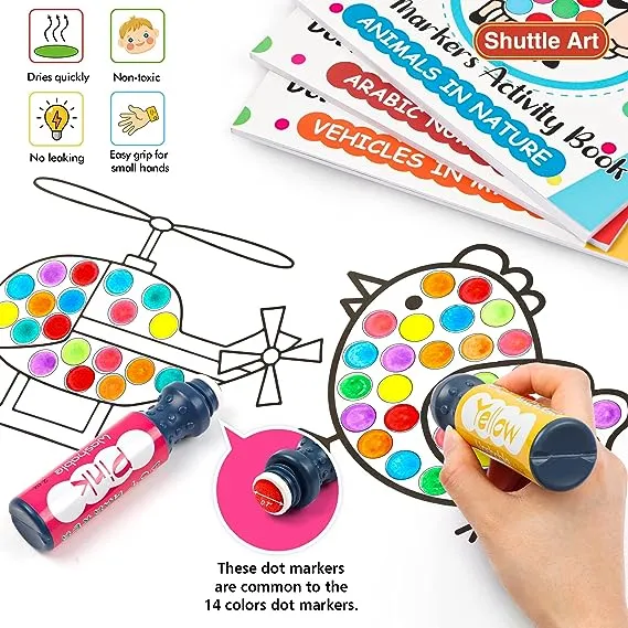 Shuttle Art Dot Markers, 14 Colors Bingo Daubers with 135 Patterns, 5 Activity Books, Educational Set with Art Activities,Non-Toxic Washable Coloring