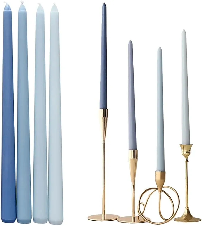 Taper Candles 12'' Colored Candle Sticks Set of 4 | Unscented | Home Decor Kitchen Decor Wedding Decorations (Blue Shades)