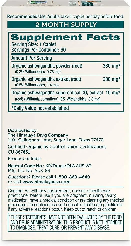 Himalaya Organic Ashwagandha, 60 Day Supply, Herbal Supplement for Stress Relief, Energy Support, Occasional Sleeplessness, Organic, Non-GMO, Vegan, Gluten Free, 670 mg, 60 Caplets
