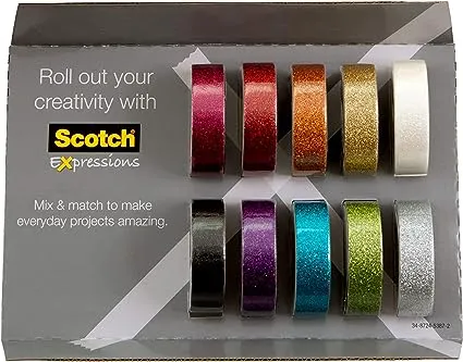 Scotch Glitter Washi Tape, 10 Rolls, Great for Use in Bullet Journal, School Supplies, Craft Supplies, and Teacher Appreciation Gifts (C517-10-SIOC)