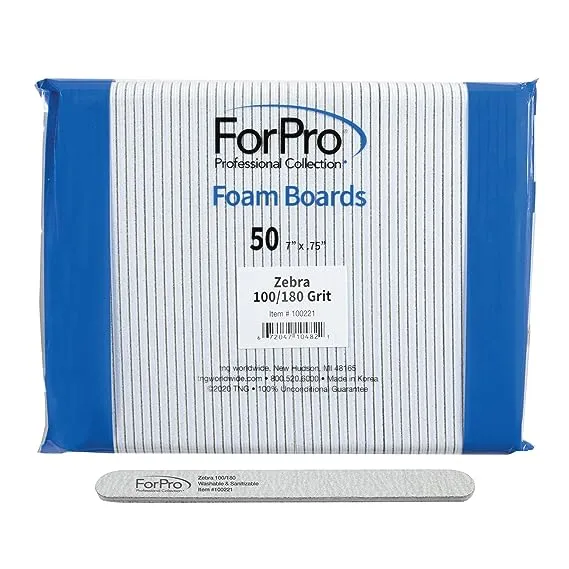 ForPro Professional Collection Zebra Foam Board, 240/240 Grit, Double-Sided Manicure Nail File, 7” L x .75” W, 50-Count