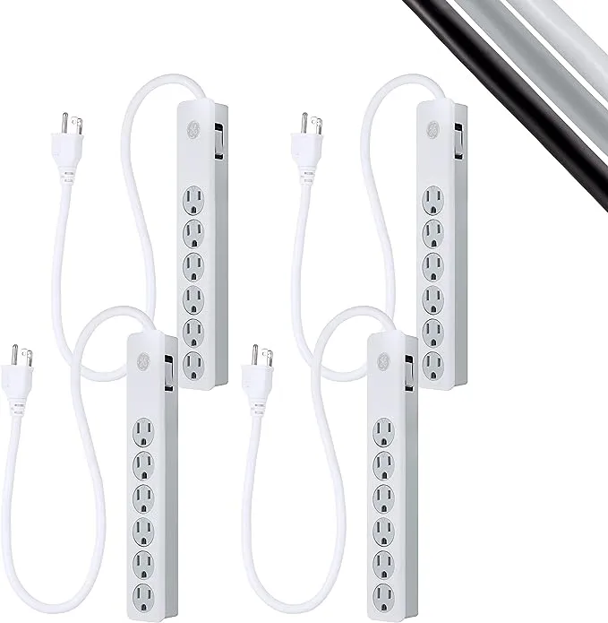 GE 6-Outlet Surge Protector, 4 Pack, 2 Ft Extension Cord, Power Strip, 450 Joules, Heavy Duty Plug, Twist-to-Close Safety Covers, UL Listed, White, 54627