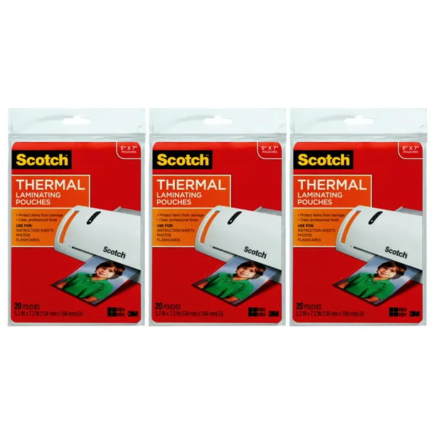 Scotch Thermal Laminating Pouches, 5 mil, 5" x 7", 20 Per Pack, 3 Packs