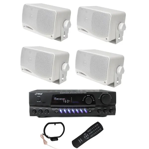 PYLE PLMR24 3.5&#034; 200W Outdoor Speakers 4pk &amp; PT260A 200W Stereo Theater Receiver