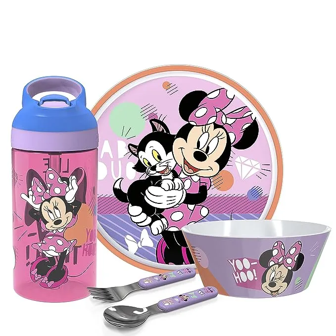 Zak Designs 5 pcs Kids Dinnerware Set Melamine Plate Bowl Water Bottle Flatware Disney Minnie Mouse Perfect for Kids