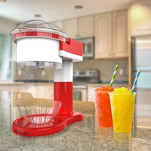 Classic Cuisine Shaved Maker-Snow Cone, Italian, Slushy Machine for Home Use, Countertop Electric Ice Shaver/Chipper with Cup, Red/White