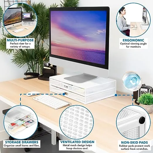 Mount-It! Mesh Computer Monitor Stand Riser [Metal] Desk Organizer with Two Pullout Storage Drawers for Desktop, Laptop, and Printer Accessories and Office Supplies (White)