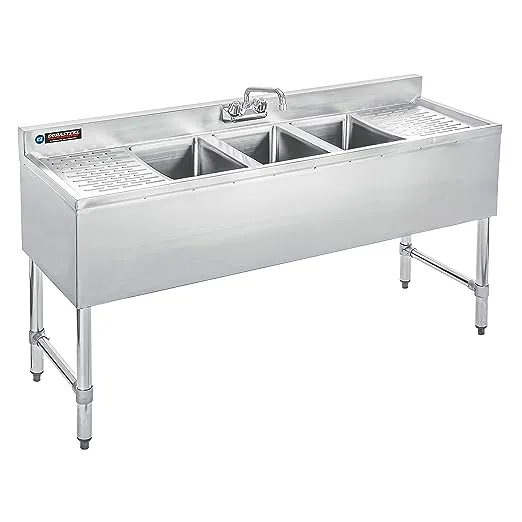 DuraSteel 3 Compartment Under Bar Sink - CEC & NSF 304 Stainless Steel 3 Bay Utility Sink with No Lead Faucet - 60" L x 19" W x 33" H - Double Drainboard Commercial Restaurant Grade