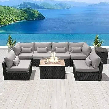 Dineli Sectional Sofa with Gas/Propane Fire Pit Table Outdoor Patio Furniture Sets