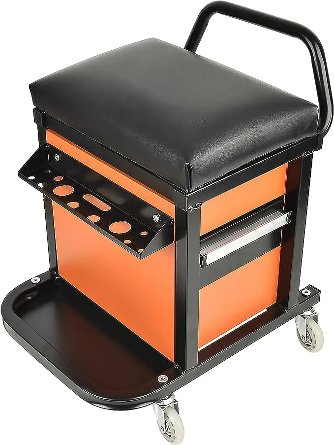 E041 Padded Creeper Seat with Onboard Storage, Rolling Tool Box Chair with Storage Rack and Drawers, Mechanics Roller Seat with Storage Drawers and 2-1/2" Swivel Casters, 300 lb. capacity