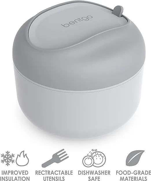 Bentgo Bowl - Insulated Leak-Resistant Bowl with Snack Compartment, Collapsible Utensils and Improved Easy-Grip Design for On-the-Go - Holds Soup, Rice, Cereal & More - BPA-Free, 21.2 oz (Gray)