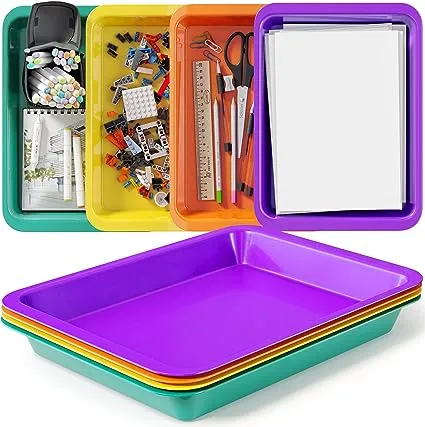 Plastic Trays for Classroom, Office Organizing, Arts & Crafts - Letter & Papers Flat Storage Bins - Sensory Tray - Set of 4 Colors - Great for Lego, S