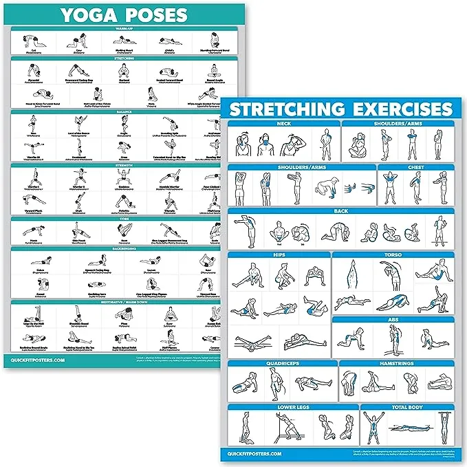 QuickFit Yoga Poses and Stretching Exercise Poster Set - Laminated 2 Chart Set - Yoga Positions & Stretching Workouts