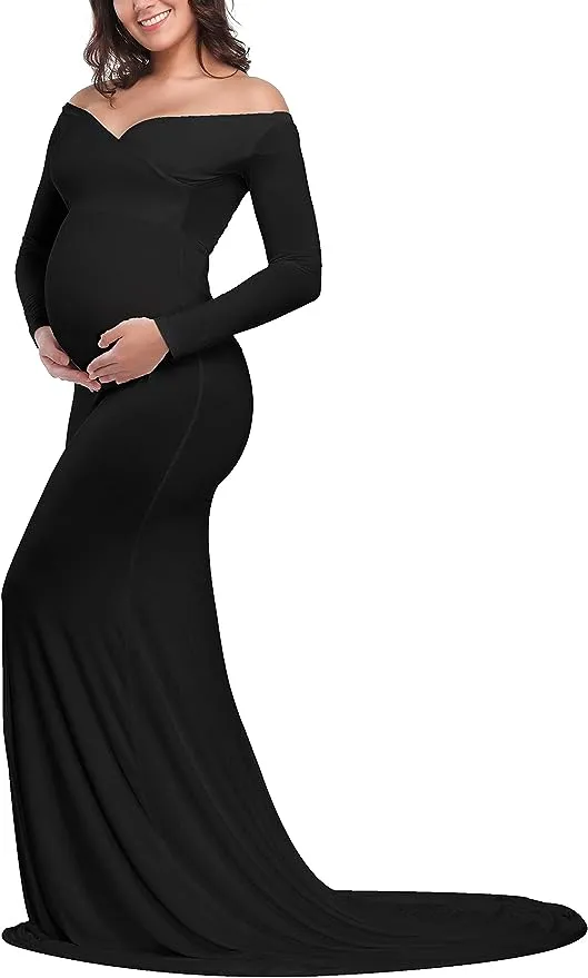 Ecavus Women's Off Shoulder Maternity Dress Slim Cross-Front V Neck Long&Short Sleeves Gowns for Photoshoot