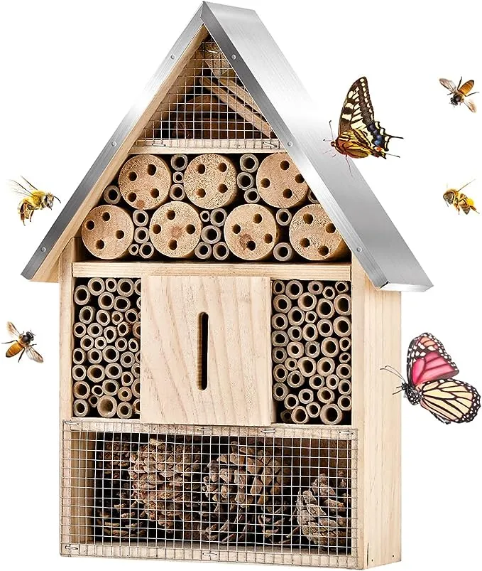 Wooden Mason Insect Bee Butterfly House,Insect Hotel,an Outdoor Hanging Bamboo Habitat for Bee Butterfly Ladybugs Live,Bee Box,Butterfly Habitat for Garden,9 x 15.7 x 2.5 Inch