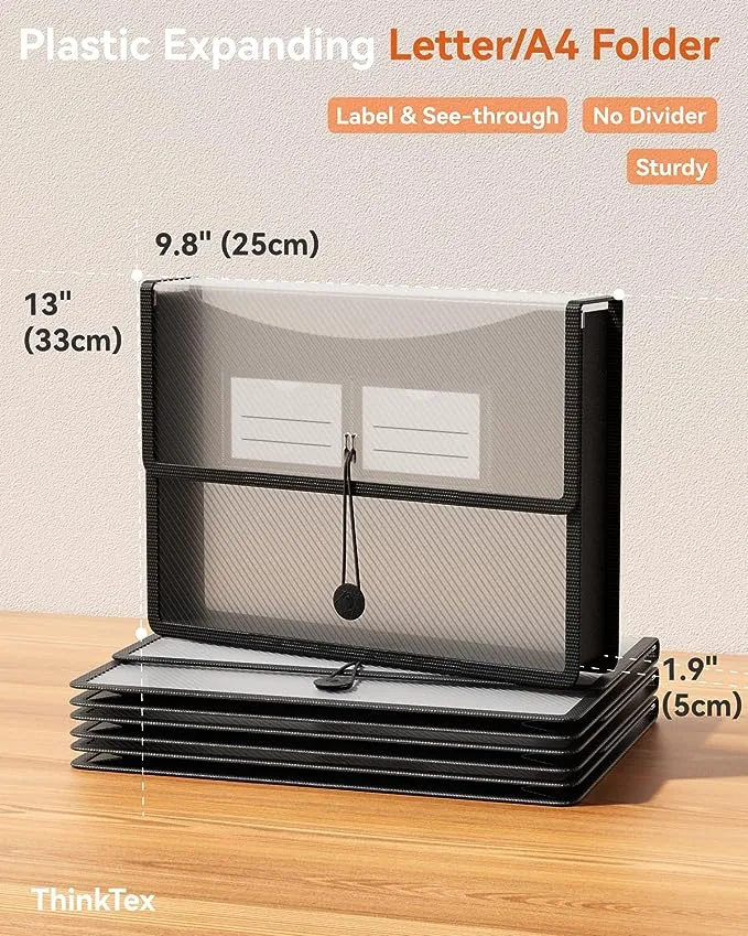 ThinkTex Plastic Expanding File Folder, Transparent envelopes with Elastic Closure, No Dividers, Large Capacity, Fit Letter/A4 Size - 3 Packs