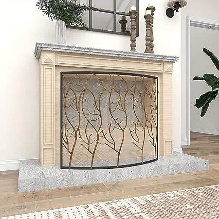 Deco 79 Metal Tree Single Panel Fireplace Screen with Mesh Netting, 39" x 7" x 33", Brass