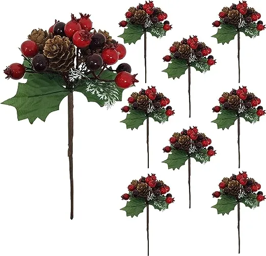 BANBERRY DESIGNS Holiday Floral Decorating Picks with Pinecones Berries and Holly Leaves for Christmas Seasonal Decorating Crafting - Set of 9