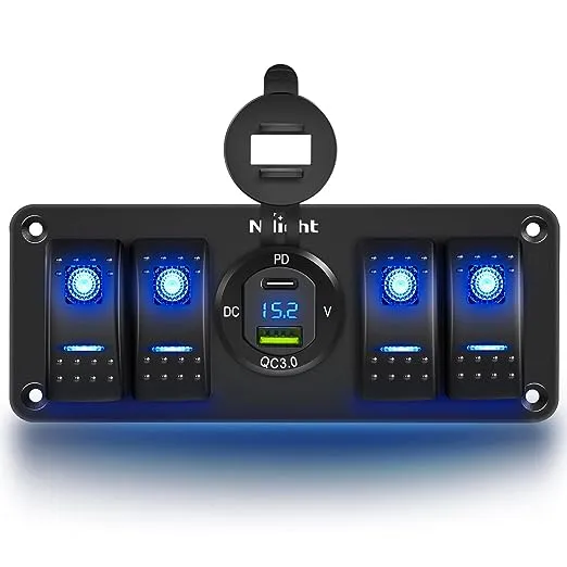 Nilight 4 Gang Rocker Switch Panel with USB Charger Voltmeter Waterproof 12V-24V DC Rocker Switch with QC3.0 Dual USB Charger and Night Glow Stickers for Cars Trucks Boats RV,2 Years Warranty