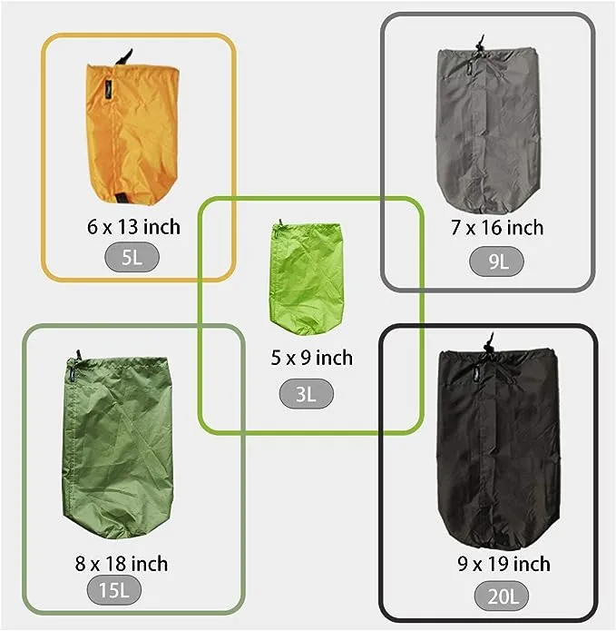 Frelaxy Stuff Sack Set 5-Pack (3L&5L&9L&15L&20L), Ultralight Ditty Bags with Dust Flap for Traveling Hiking Backpacking