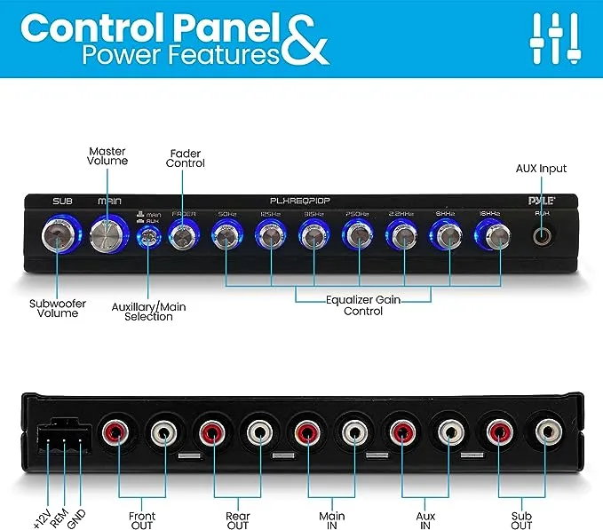 PyleUsa 7 Band Parametric Equalizer - 7 Volt RMS Pre-Amp Output with Subwoofer Gain Control, and 3 Input Sources Selectable, Blue Light Illumination