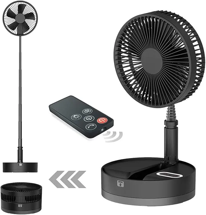 Foldable Fan Foldaway Oscillating with Remote Control, 10800mAh Battery Operated Fan, Portable Standing for Outdoor, Courtyard, Beach,Travel, Room,4 Speeds, with Timer night light (Black)