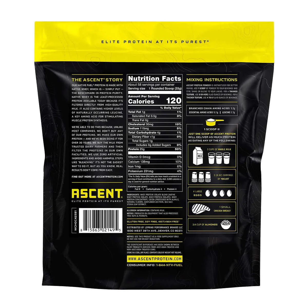 Ascent 100% Whey Protein Powder - Post Workout Whey Protein Isolate, Zero Artificial Flavors & Sweeteners, Gluten Free, 5.7g BCAA, 2.7g Leucine, Essential Amino Acids, Chocolate 4 lb