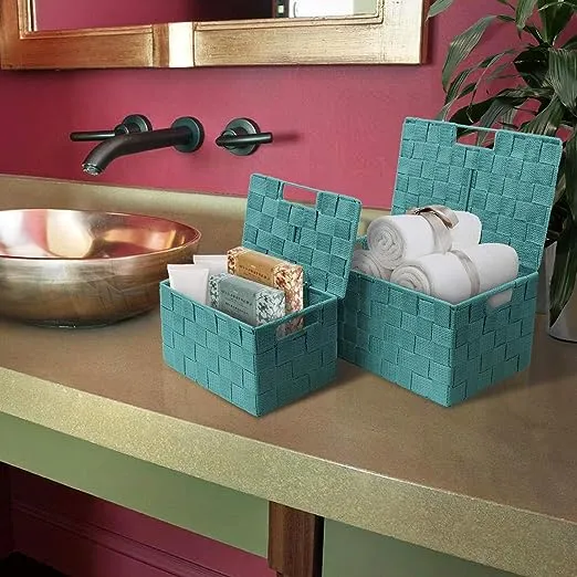 Sorbus Storage Box Woven Basket Bin Container Tote Cube Organizer Set Stackable Storage Basket Woven Strap Shelf Organizer Built-in Carry Handles (Lid Bins - 3 Pack, Aqua)