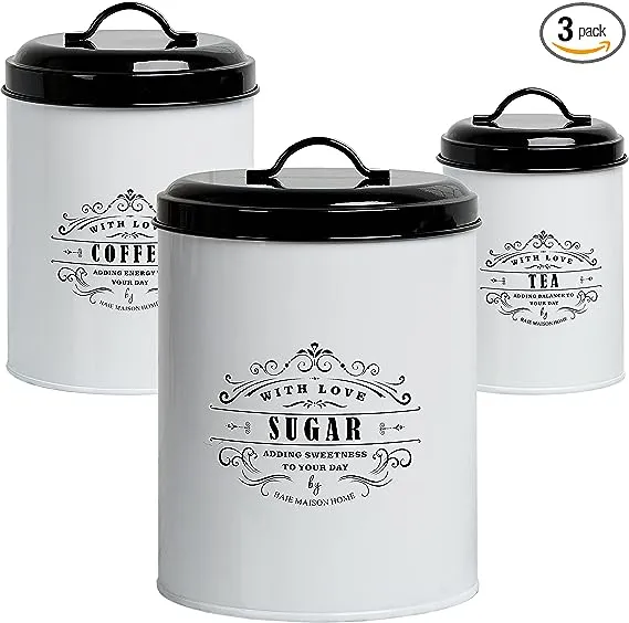 Baie Maison Large Kitchen Canisters Set of 3 - Farmhouse Canister Sets for Kitchen Counter White - Coffee Tea Sugar Container Set - Rustic Kitchen Canisters Farmhouse Style Decor - Metal Kitchen Jars