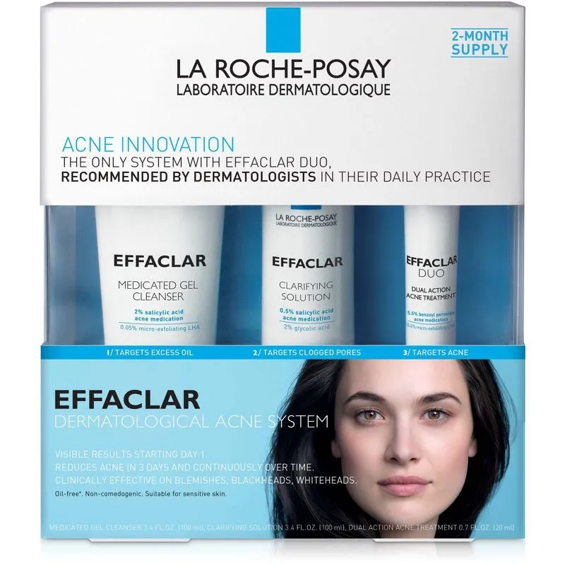 La Roche-Posay Effaclar Dermatological 3 Step Acne Treatment System, Salicylic Acid Acne Cleanser, Pore Refining Toner, and Benzoyl Peroxide Spot Treatment for Sensitive Skin, 2-Month Supply