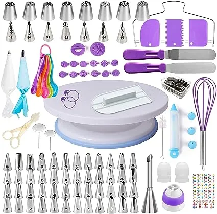 Boyun Cake Decorating Kit, Cake Decorating Supplies Include Revolving Cake Turntable, 2 Spatulas,3 Icing Comb Scraper, Leveler，Piping Bags and Tips Set Includes 64 Piping Tips with Book(Purple)