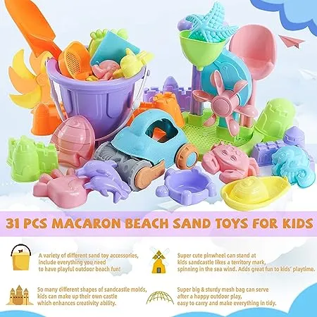 Beach Sand Toys for Kids - 31 pcs Sandbox Toy Set for Kids 3-10, Sand Castle Toys with Water Wheel, Bucket, Shovel Tool Kit, Windmill, Sand Molds Summer Beach Toys in Mesh Bag, Kids Outdoor Beach Toys