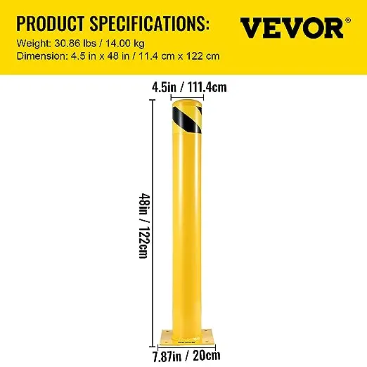 VEVOR Safety Bollard, 48 Inch Height Bollard Post, 4.5 Inch Diameter Steel Pipe Safety Bollard Post, Yellow Steel Bollard, Steel Safety Bollard with 8 Anchor Bolts, Perfect for Traffic-Sensitive Area
