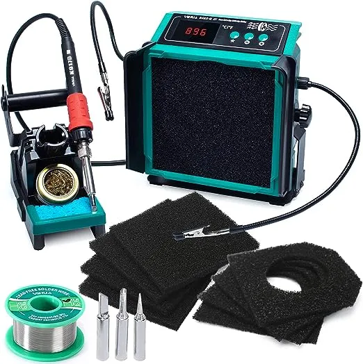 YIHUA 948DQ-III 2-IN-1 Solder Fume Extractor Fan 110W Soldering Station Kit Smoke Absorber Tiltable Angle Temp Display w Helping Hands Iron Holder Extra 3 Iron Tips 8 Filters 35g Lead-Free Solder Wire