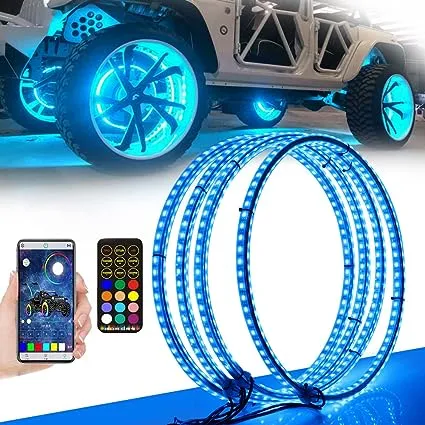 4PCS 15.5inch RGB LED Wheel Ring Light Kit Bluetooth Control w/Turn Signal and Braking Function can Controlled by Remote and APP(Double Row)