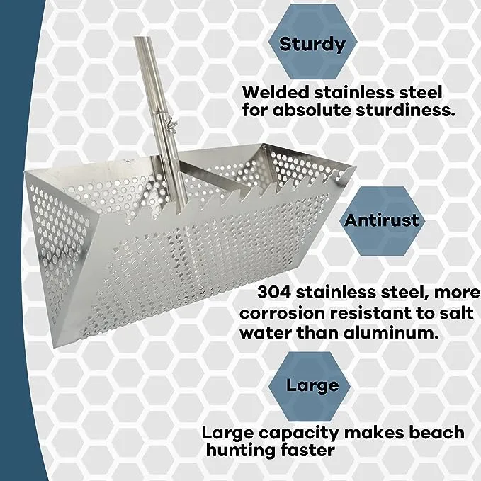 Sand Fleas Rake, Stainless Steel Sand Sifter, Detachable 47 Inches Long Handle, Collapsible Shark Tooth Sifter for Beach,Sand Crab Catcher with Foldable Pail .