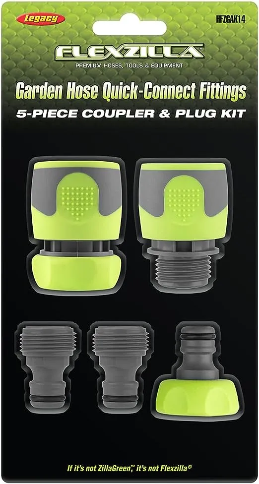 Flexzilla HFZGAK14 Garden Hose Quick-Connect Fittings, 5-Piece Coupler & Plug Kit, ZillaGreen