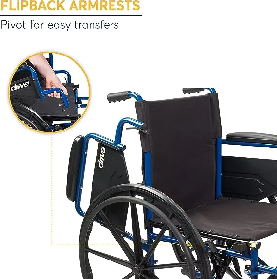 Drive Medical Blue Streak Wheelchair with Flip Back Desk Arms, Elevating Leg Rests, 18 inch Seat