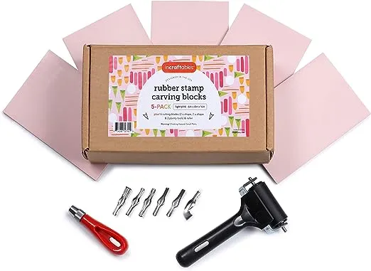 Incraftables Rubber Stamp Kit (5-Pack). Linoleum Block Kit with Cutting Blades Tools (6pcs). Block Printing Kit (6in x 4in x ¼ in) Light Pink Color. Best Carving DIY Stamp Making Kit for Printmaking