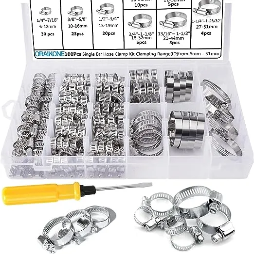 Hose Clamp, 8 Sizes 100 Pack Stainless Steel Assortment Adjustable Range 1/4-2in(6-51mm), 304 Stainless Steel Hose Clamp with 1pcs Socket Wrench, for Plumbing, Automotive and Mechanical Application