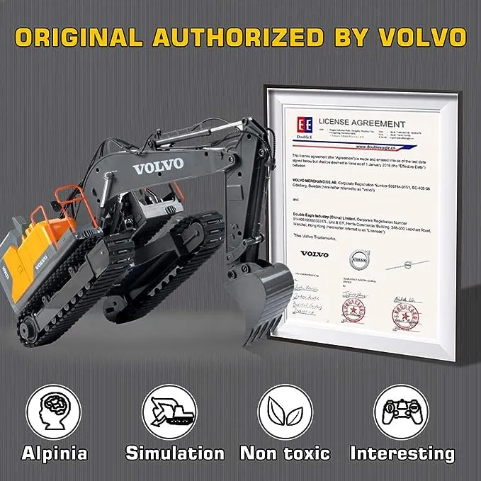 DOUBLE E Volvo RC Excavator 17 Channel 3 in 1 Construction Toys, 17 Channel Remote Control Vehicles Tractor Sandbox Toys Digger with Metal Shovel Drill Grab RC Truck for Kids Adults