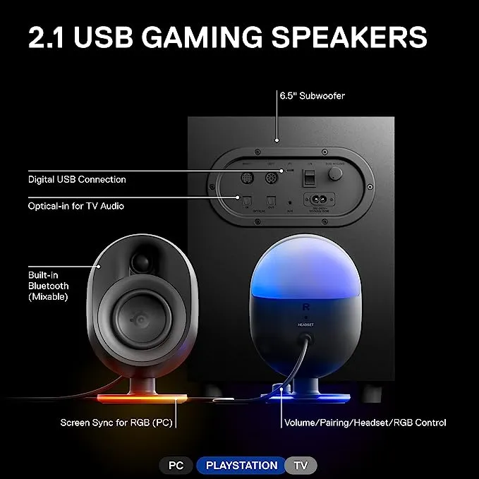 SteelSeries - Arena 7 2.1 Bluetooth Gaming Speakers with RGB Lighting (3 Piece) - Black